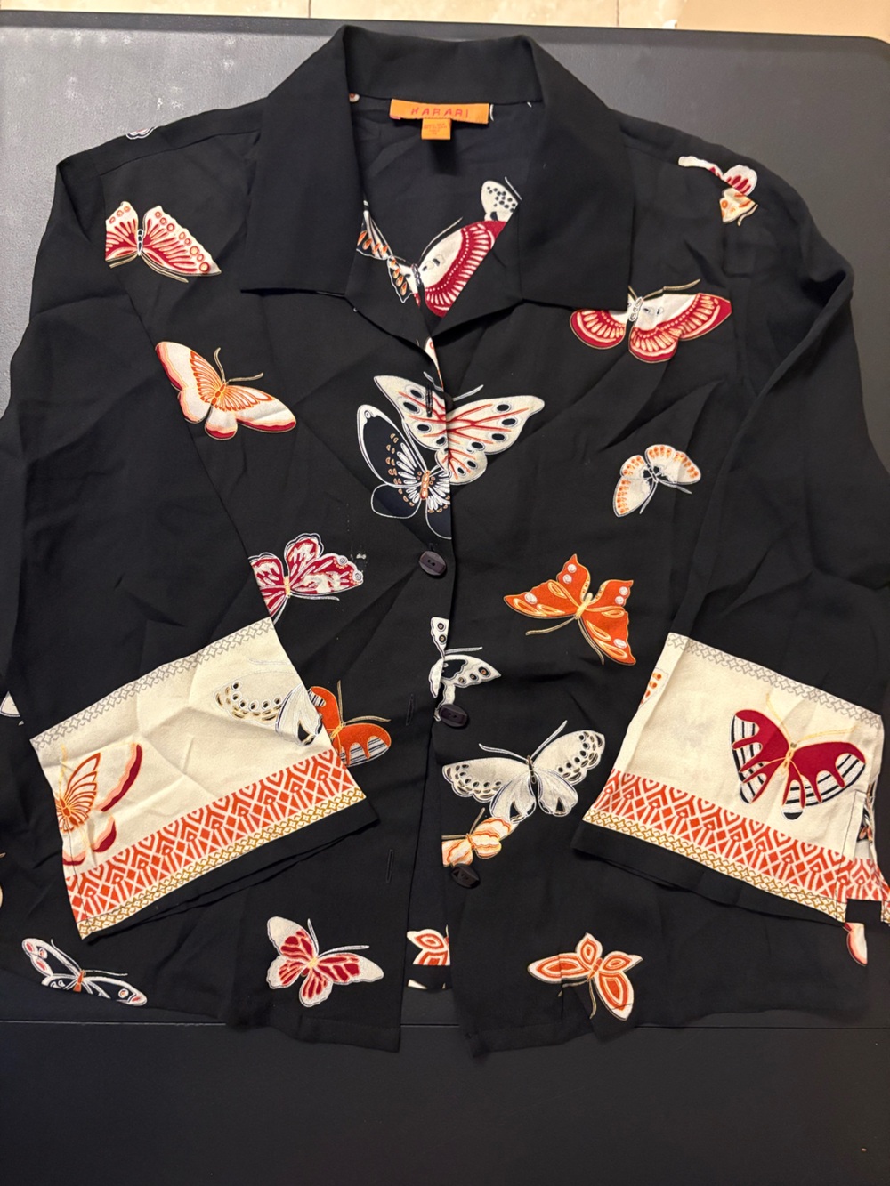 Harari- 100% silk shirt Black Button-Down Blouse with Butterfly Print